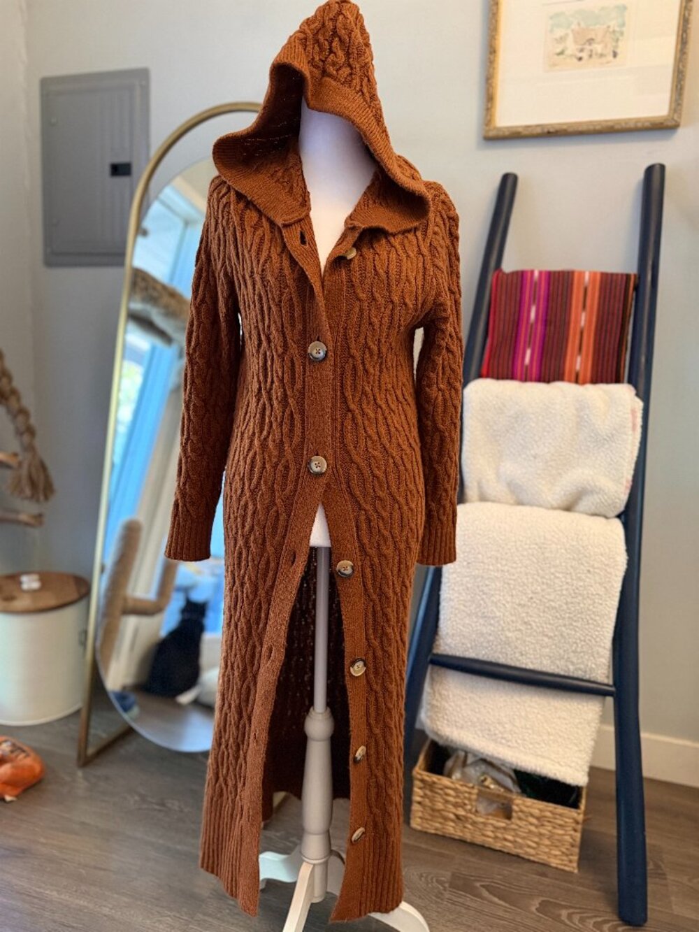Anthropologie Cable Knit Hooded Duster XS Rust
